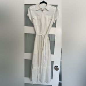 Elite Tahiti white linen short sleeve shirt waist midi dress. Size 4.